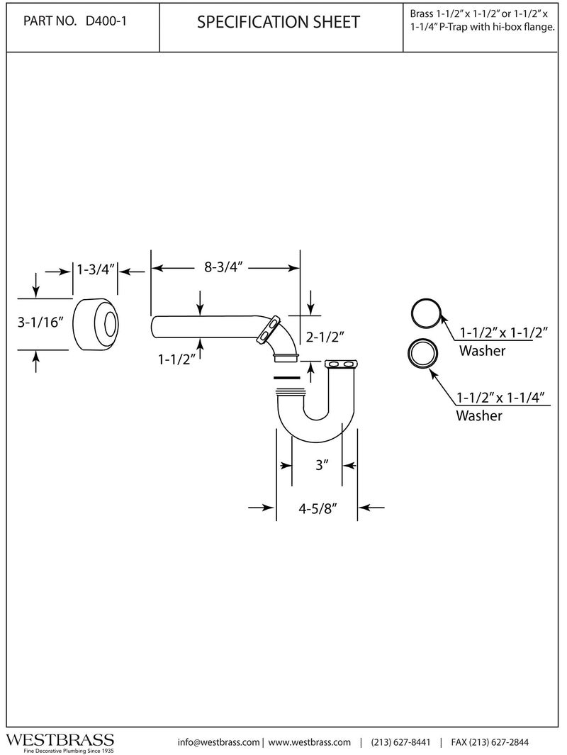 Westbrass D400-1-01 1-1/2" OD 17 gauge P-Trap with High Box Flange, Polished Brass - Image 2